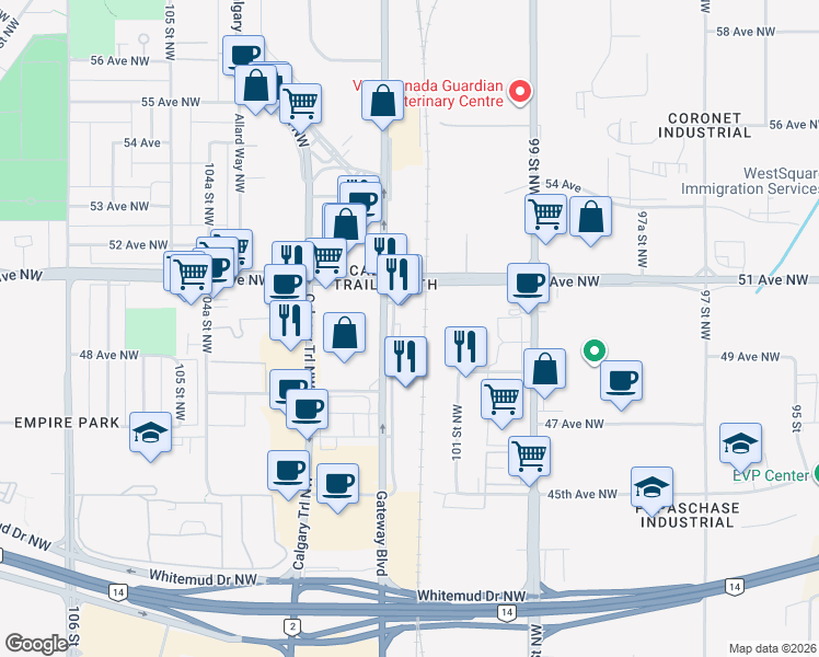 map of restaurants, bars, coffee shops, grocery stores, and more near 5019 Gateway Boulevard Northwest in Edmonton