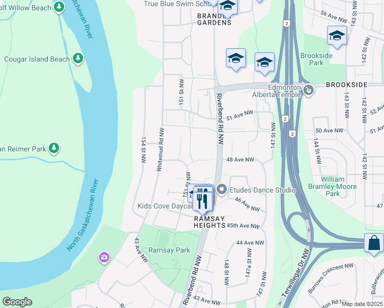 map of restaurants, bars, coffee shops, grocery stores, and more near 4847 151 Street Northwest in Edmonton