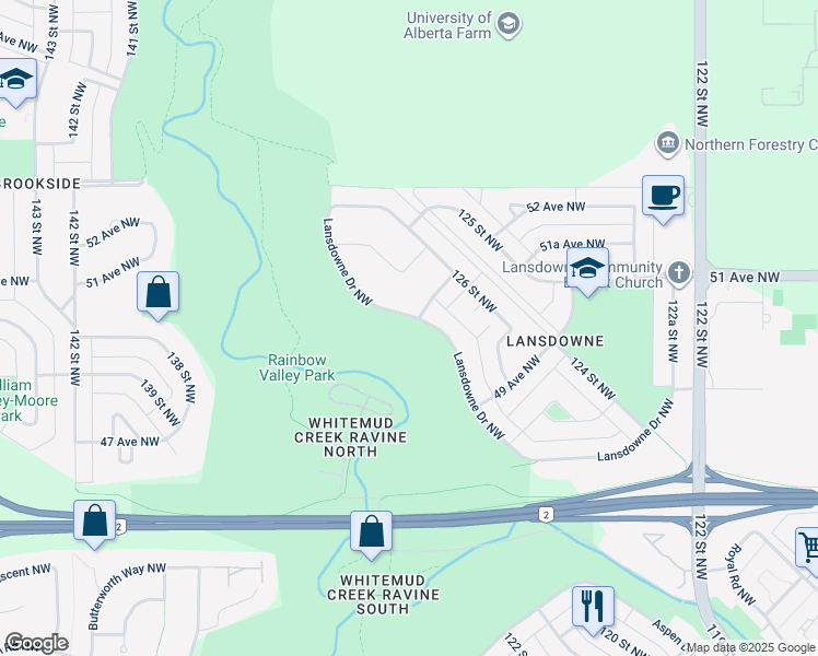 map of restaurants, bars, coffee shops, grocery stores, and more near 5104 Lansdowne Drive Northwest in Edmonton
