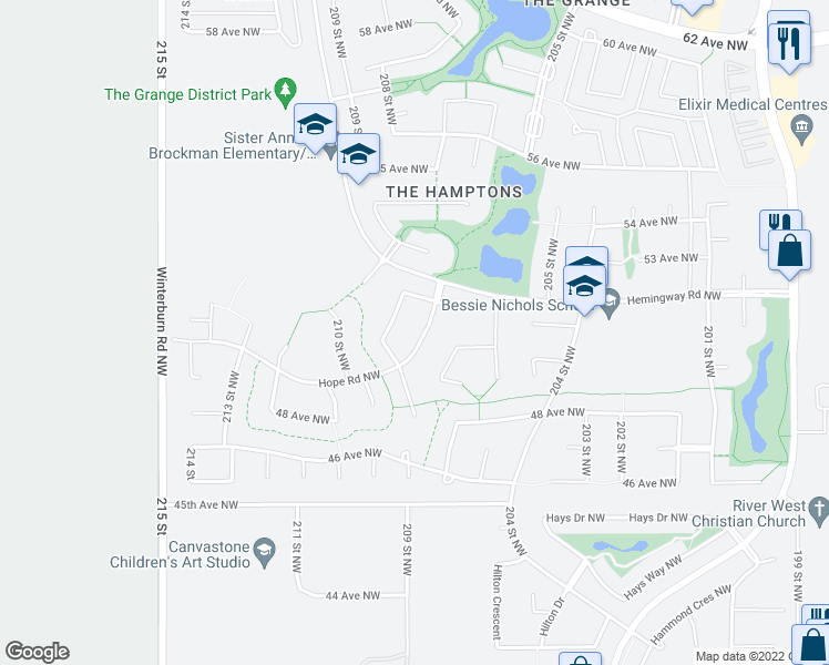 map of restaurants, bars, coffee shops, grocery stores, and more near 1022 Hope Road Northwest in Edmonton