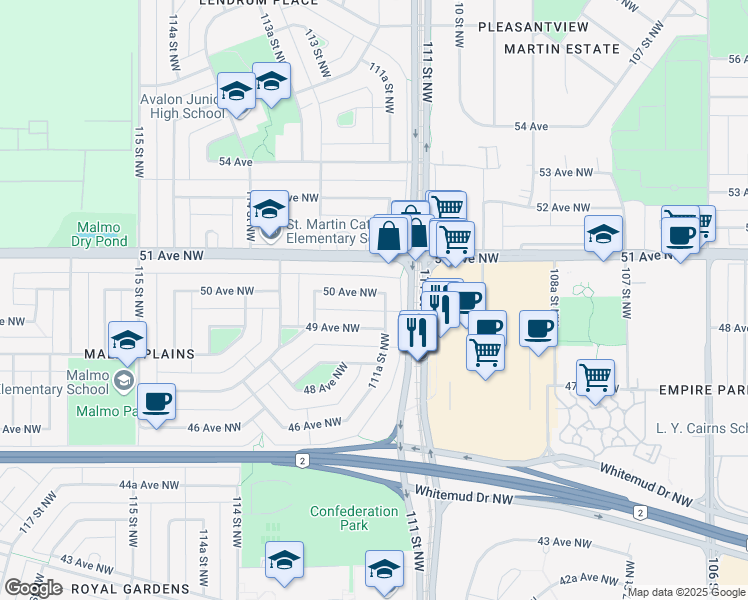map of restaurants, bars, coffee shops, grocery stores, and more near 11107 50 Avenue Northwest in Edmonton