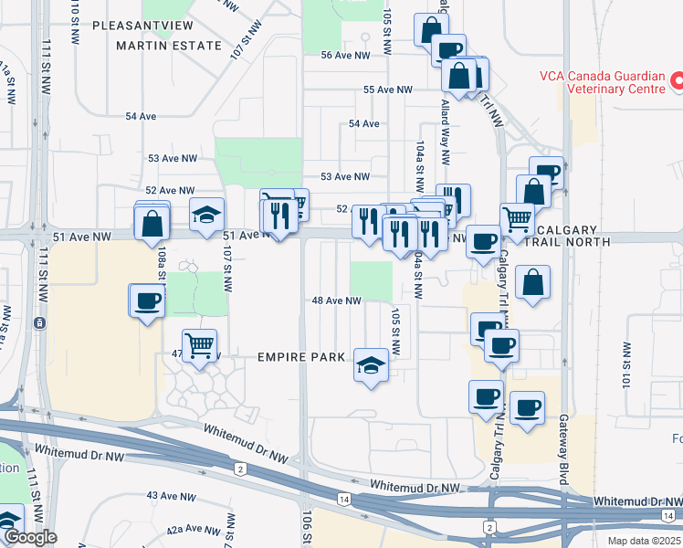 map of restaurants, bars, coffee shops, grocery stores, and more near 4819 105B Street Northwest in Edmonton