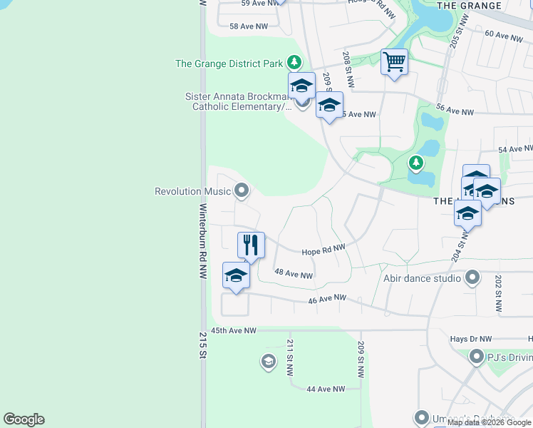 map of restaurants, bars, coffee shops, grocery stores, and more near 5019 213 Street Northwest in Edmonton