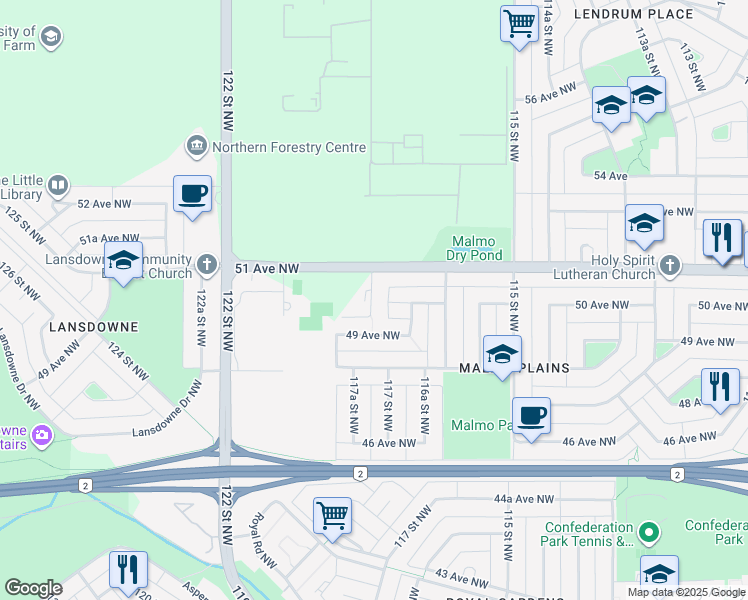 map of restaurants, bars, coffee shops, grocery stores, and more near 11703 51 Avenue Northwest in Edmonton