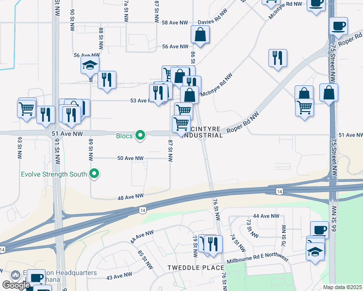 map of restaurants, bars, coffee shops, grocery stores, and more near 86 Street Northwest in Edmonton