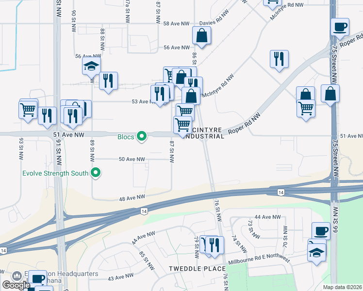 map of restaurants, bars, coffee shops, grocery stores, and more near in Edmonton