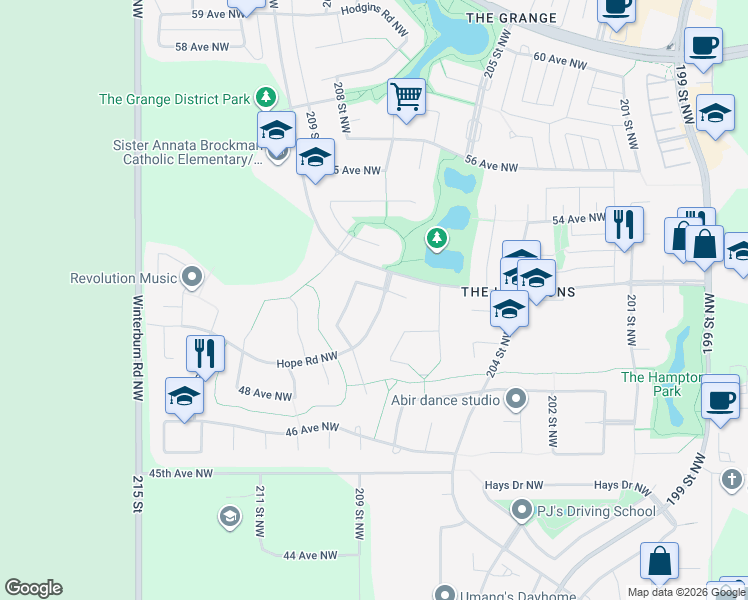 map of restaurants, bars, coffee shops, grocery stores, and more near 1022 Hope Road Northwest in Edmonton