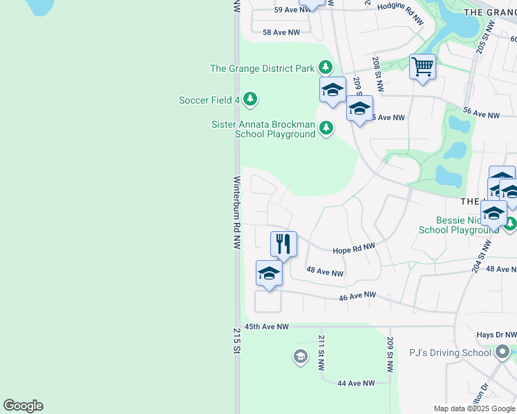 map of restaurants, bars, coffee shops, grocery stores, and more near 21336 51 Avenue Northwest in Edmonton