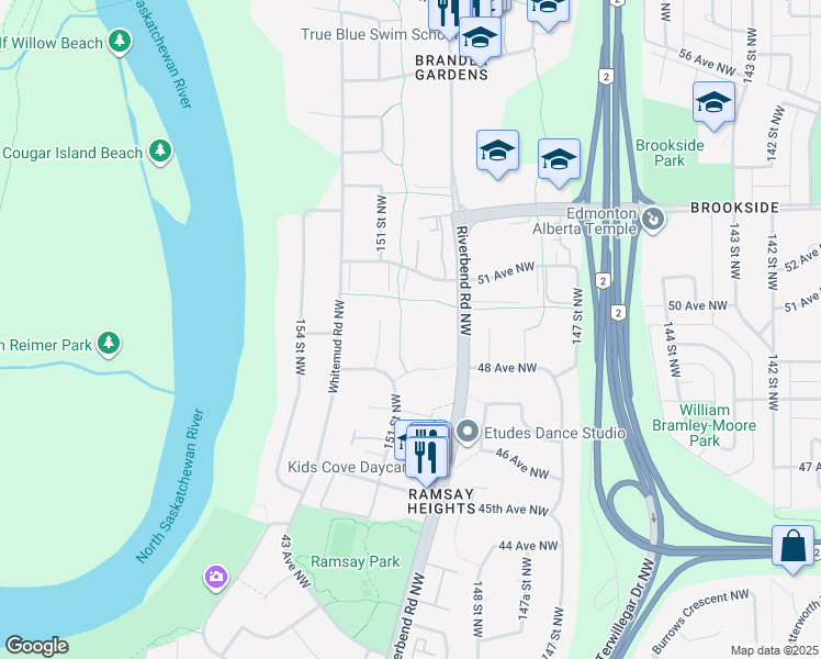 map of restaurants, bars, coffee shops, grocery stores, and more near 4847 151 Street Northwest in Edmonton