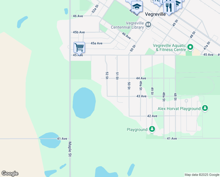 map of restaurants, bars, coffee shops, grocery stores, and more near 4301 52 Street in Vegreville