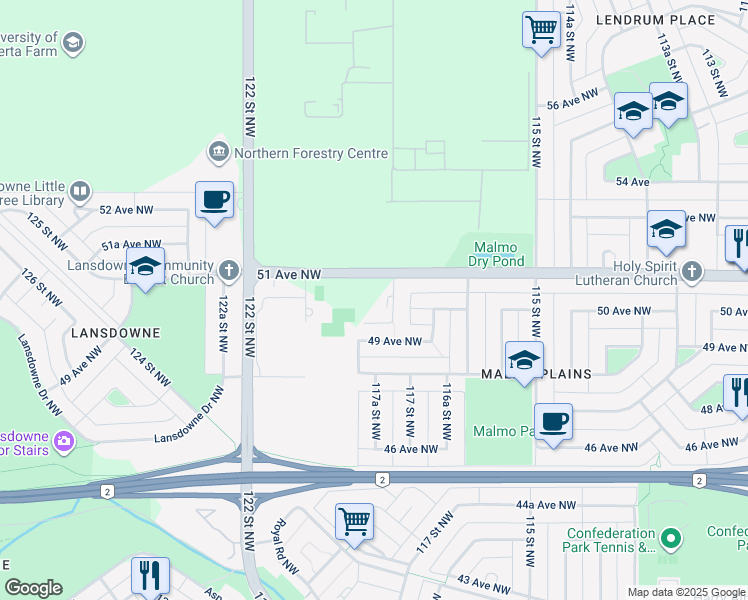 map of restaurants, bars, coffee shops, grocery stores, and more near 11711 51 Avenue Northwest in Edmonton