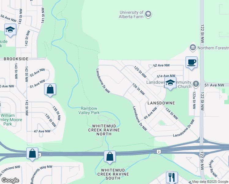 map of restaurants, bars, coffee shops, grocery stores, and more near 5104 Lansdowne Drive Northwest in Edmonton