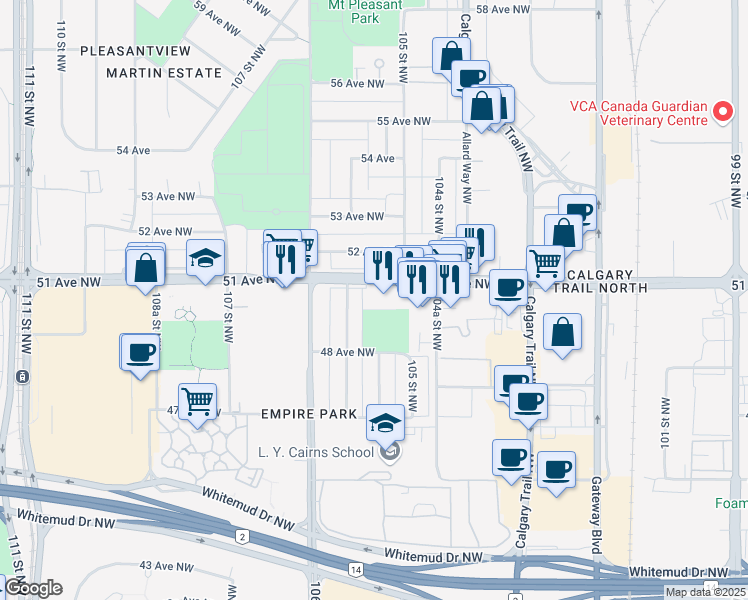 map of restaurants, bars, coffee shops, grocery stores, and more near 4819 105B Street Northwest in Edmonton