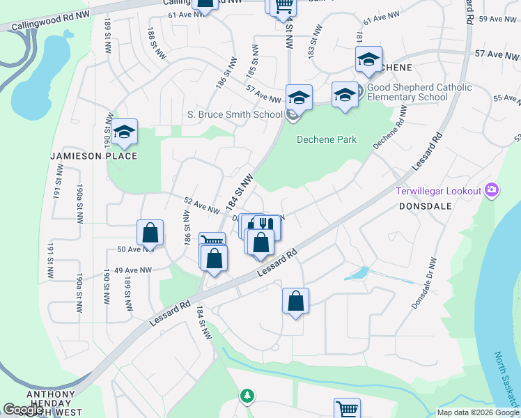map of restaurants, bars, coffee shops, grocery stores, and more near 78 Dechene Road Northwest in Edmonton