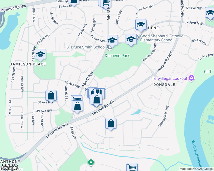 map of restaurants, bars, coffee shops, grocery stores, and more near 86 Dechene Road Northwest in Edmonton