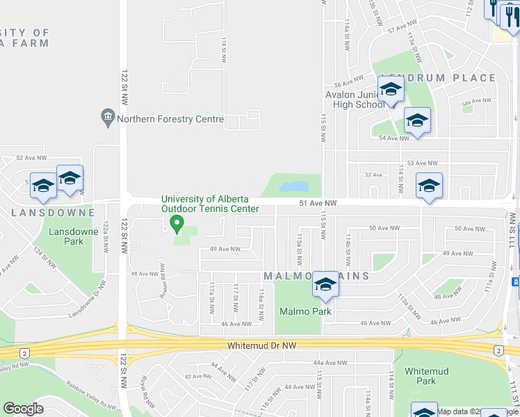 map of restaurants, bars, coffee shops, grocery stores, and more near 11615 51 Avenue Northwest in Edmonton