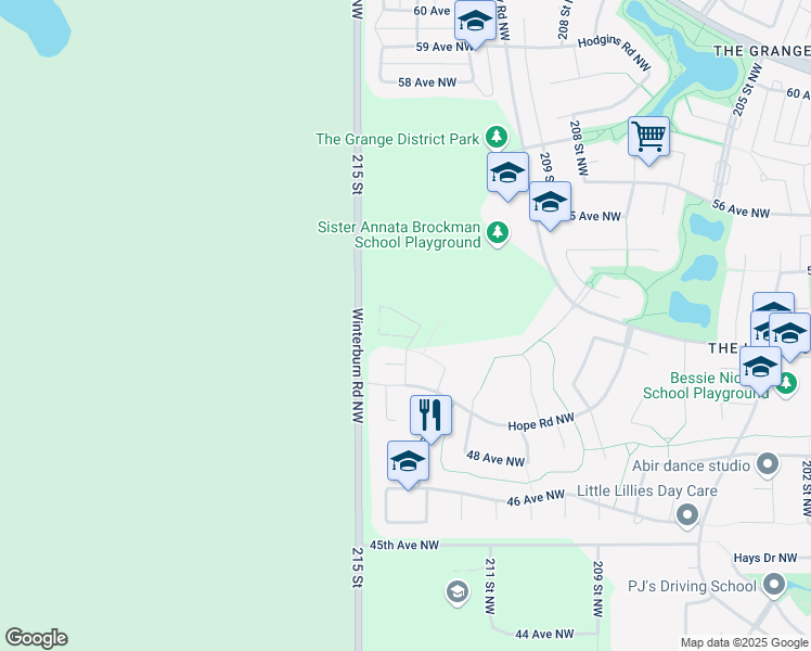 map of restaurants, bars, coffee shops, grocery stores, and more near 21336 51 Avenue Northwest in Edmonton