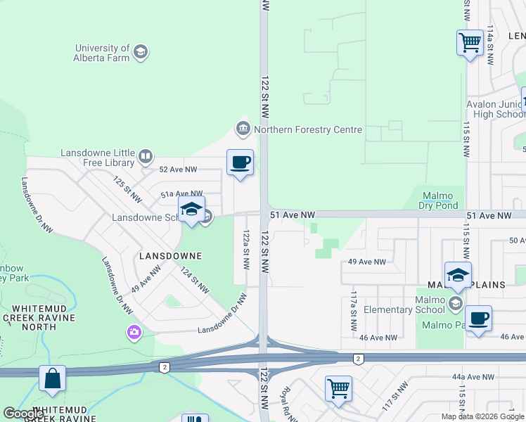 map of restaurants, bars, coffee shops, grocery stores, and more near 51 Ave NW & 122 St NW in Edmonton