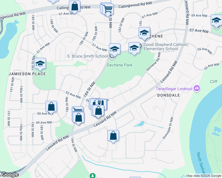 map of restaurants, bars, coffee shops, grocery stores, and more near 86 Dechene Road Northwest in Edmonton