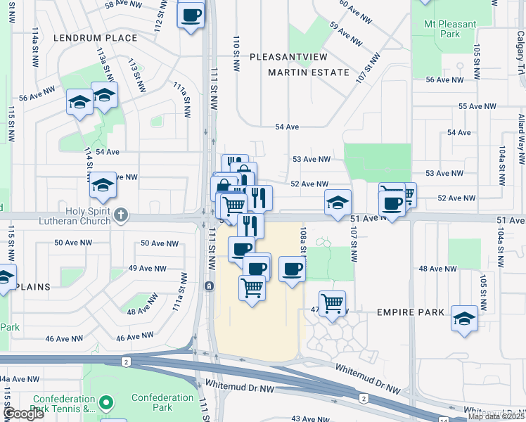 map of restaurants, bars, coffee shops, grocery stores, and more near 5105 110 Street Northwest in Edmonton