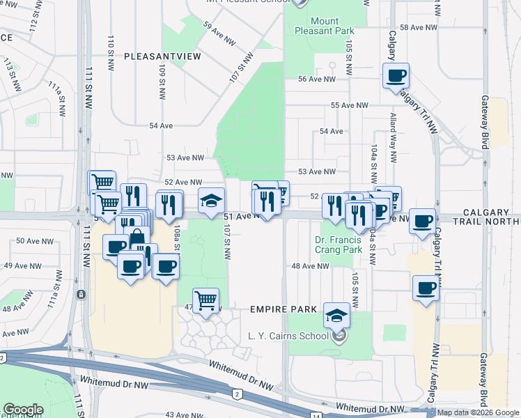 map of restaurants, bars, coffee shops, grocery stores, and more near in Edmonton