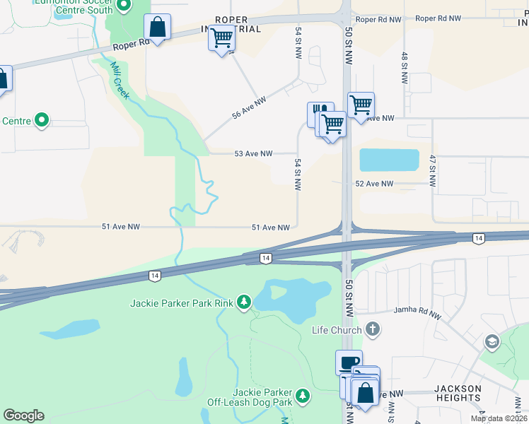 map of restaurants, bars, coffee shops, grocery stores, and more near 5422 51 Avenue Northwest in Edmonton