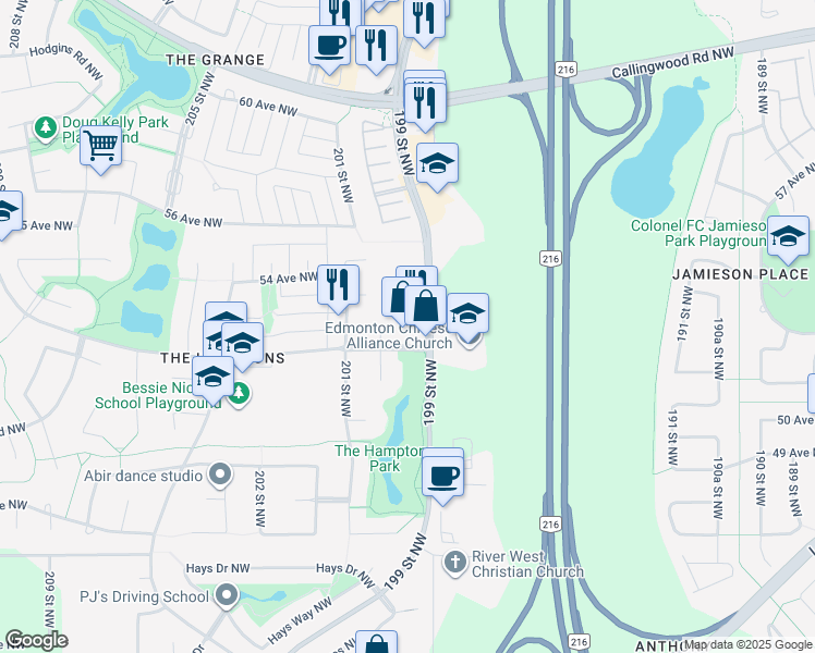 map of restaurants, bars, coffee shops, grocery stores, and more near 5224 199 Street Northwest in Edmonton