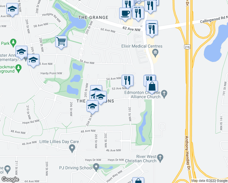 map of restaurants, bars, coffee shops, grocery stores, and more near 20145 53 Avenue Northwest in Edmonton