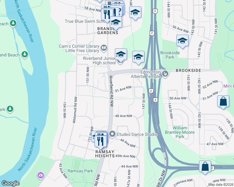 map of restaurants, bars, coffee shops, grocery stores, and more near 14825 51 Avenue Northwest in Edmonton