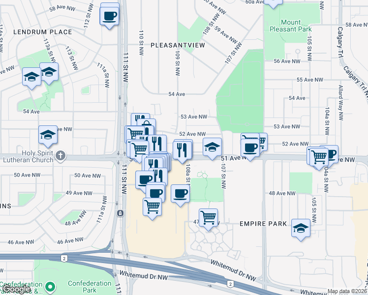map of restaurants, bars, coffee shops, grocery stores, and more near 10822 51 Avenue Northwest in Edmonton