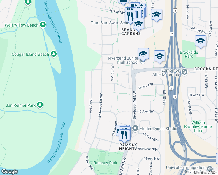 map of restaurants, bars, coffee shops, grocery stores, and more near 5045 Whitemud Road Northwest in Edmonton