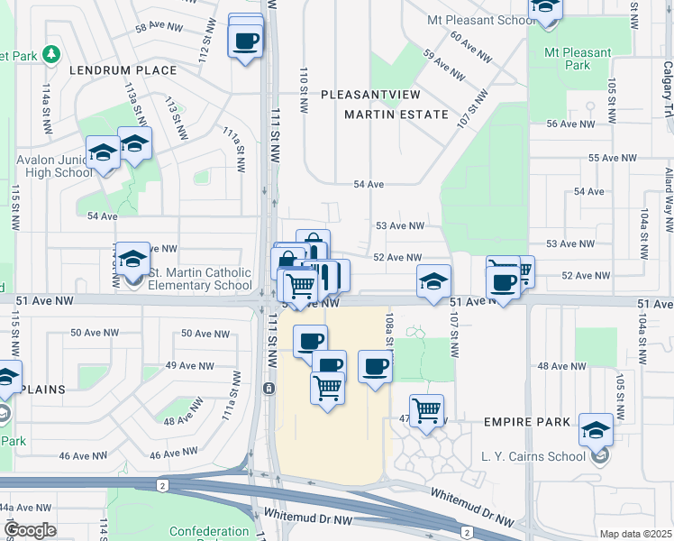 map of restaurants, bars, coffee shops, grocery stores, and more near 5105 110 Street Northwest in Edmonton