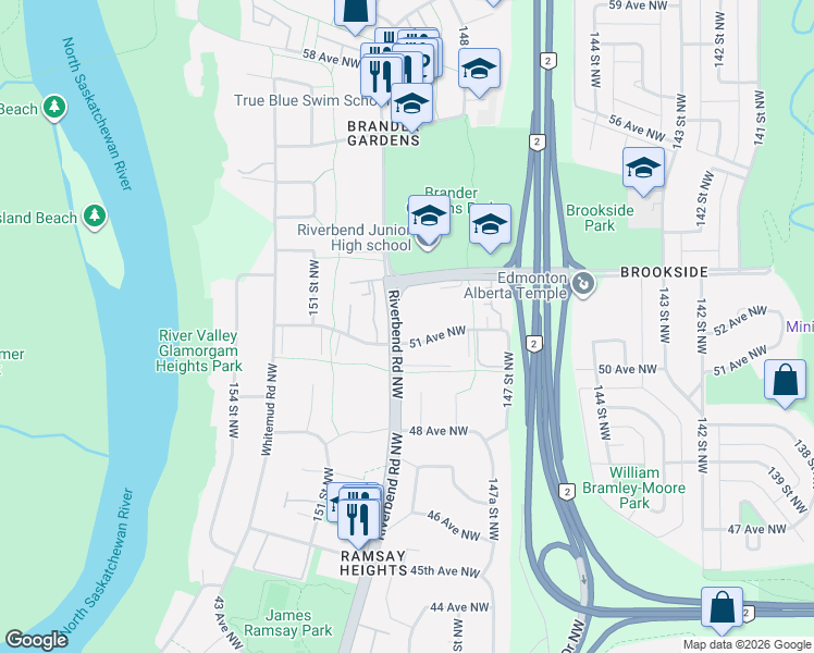 map of restaurants, bars, coffee shops, grocery stores, and more near 14825 51 Avenue Northwest in Edmonton