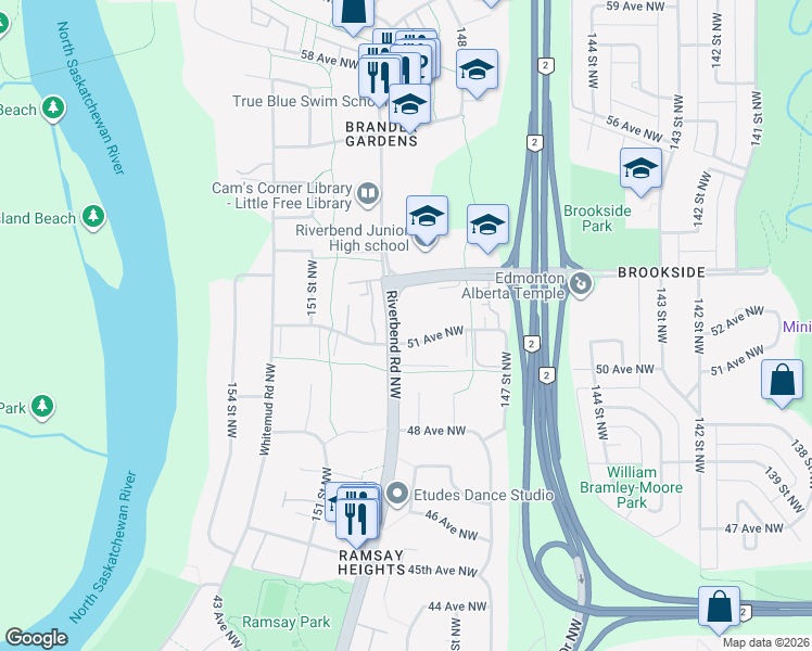 map of restaurants, bars, coffee shops, grocery stores, and more near 14825 51 Avenue Northwest in Edmonton