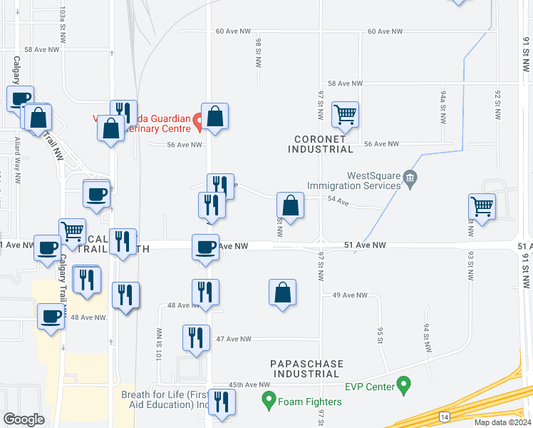 map of restaurants, bars, coffee shops, grocery stores, and more near 5220 97A Street Northwest in Edmonton