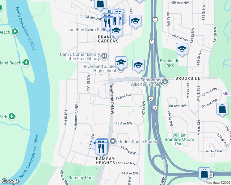 map of restaurants, bars, coffee shops, grocery stores, and more near 5125 Riverbend Road Northwest in Edmonton