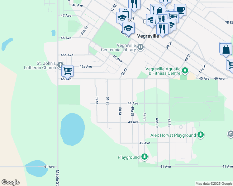 map of restaurants, bars, coffee shops, grocery stores, and more near 4422 50 Street in Vegreville