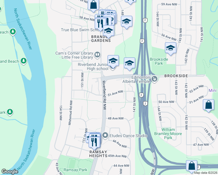 map of restaurants, bars, coffee shops, grocery stores, and more near 5125 Riverbend Road Northwest in Edmonton
