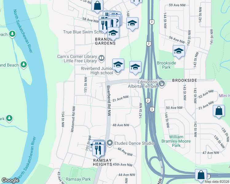 map of restaurants, bars, coffee shops, grocery stores, and more near 5125 Riverbend Road Northwest in Edmonton
