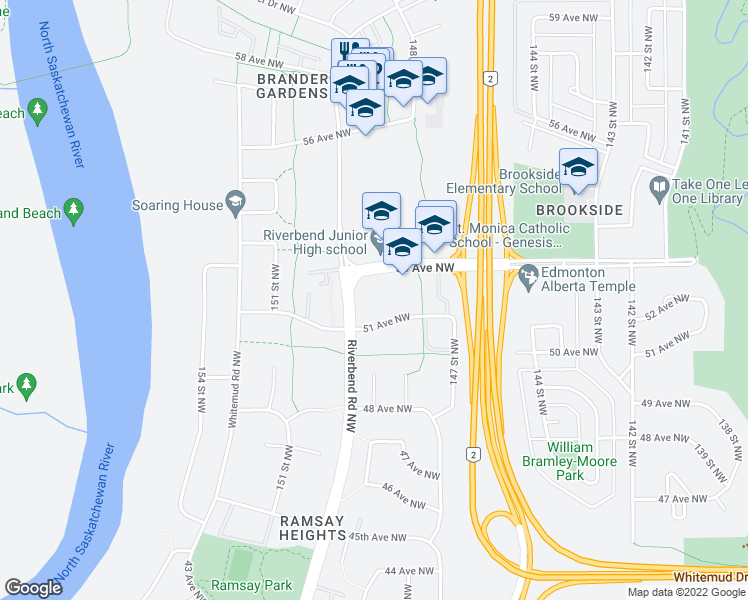 map of restaurants, bars, coffee shops, grocery stores, and more near 14805-14839 53 Avenue Northwest in Edmonton