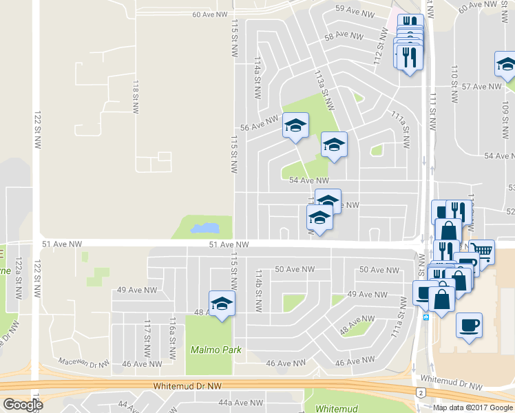 map of restaurants, bars, coffee shops, grocery stores, and more near 5220 114B Street Northwest in Edmonton