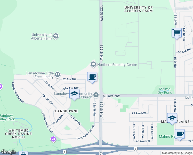 map of restaurants, bars, coffee shops, grocery stores, and more near 5210 122 Street Northwest in Edmonton