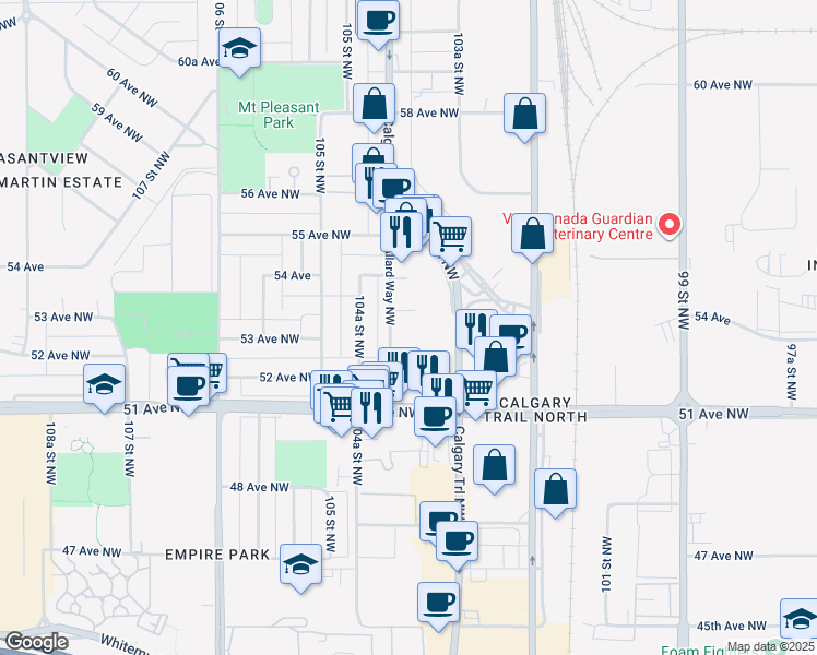 map of restaurants, bars, coffee shops, grocery stores, and more near 5305 Allard Way Northwest in Edmonton