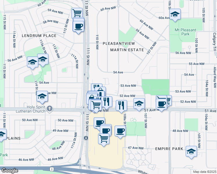 map of restaurants, bars, coffee shops, grocery stores, and more near 5205 110 Street Northwest in Edmonton