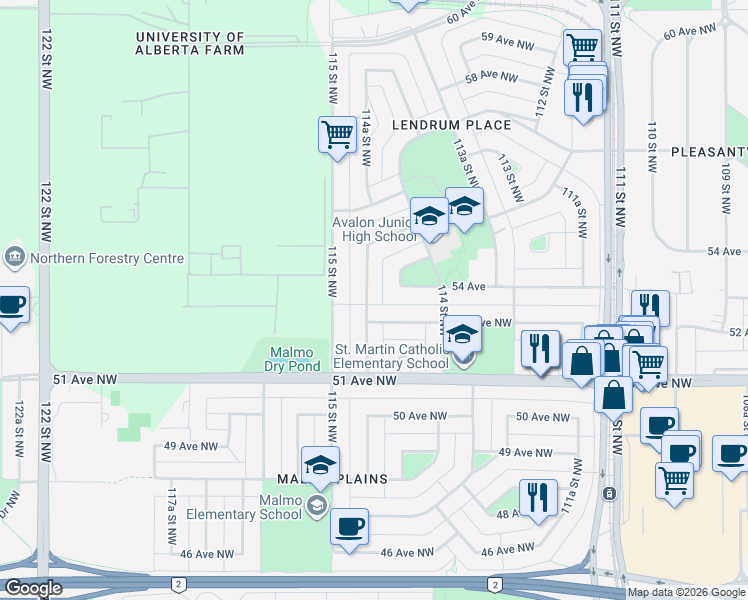 map of restaurants, bars, coffee shops, grocery stores, and more near 5220 114B Street Northwest in Edmonton