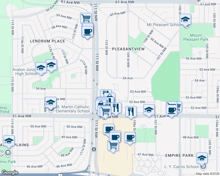 map of restaurants, bars, coffee shops, grocery stores, and more near 11010 53 Avenue Northwest in Edmonton