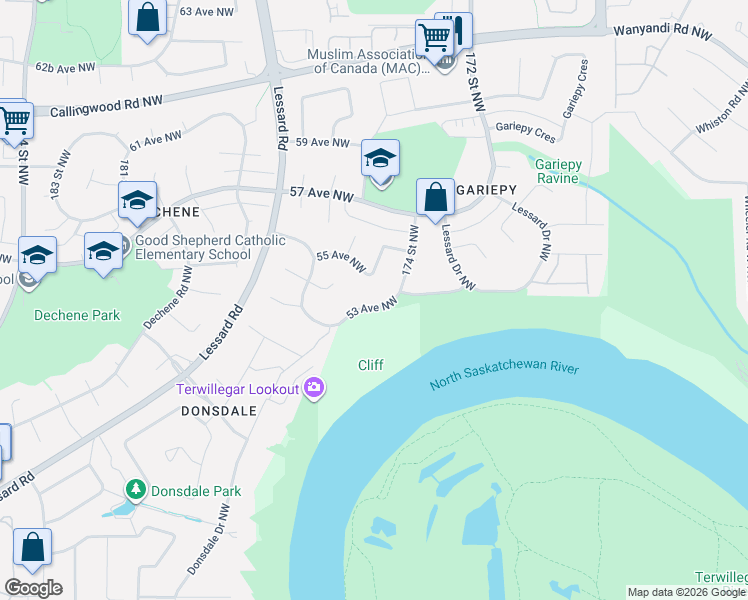 map of restaurants, bars, coffee shops, grocery stores, and more near 17416 53 Avenue Northwest in Edmonton