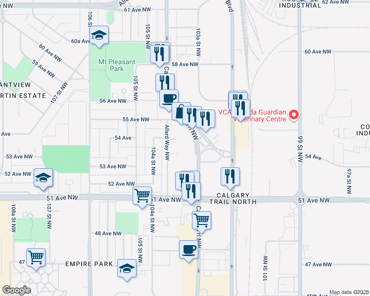 map of restaurants, bars, coffee shops, grocery stores, and more near 5420 Calgary Trail Northwest in Edmonton