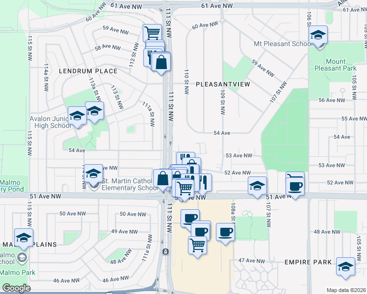 map of restaurants, bars, coffee shops, grocery stores, and more near 11020 53 Avenue Northwest in Edmonton