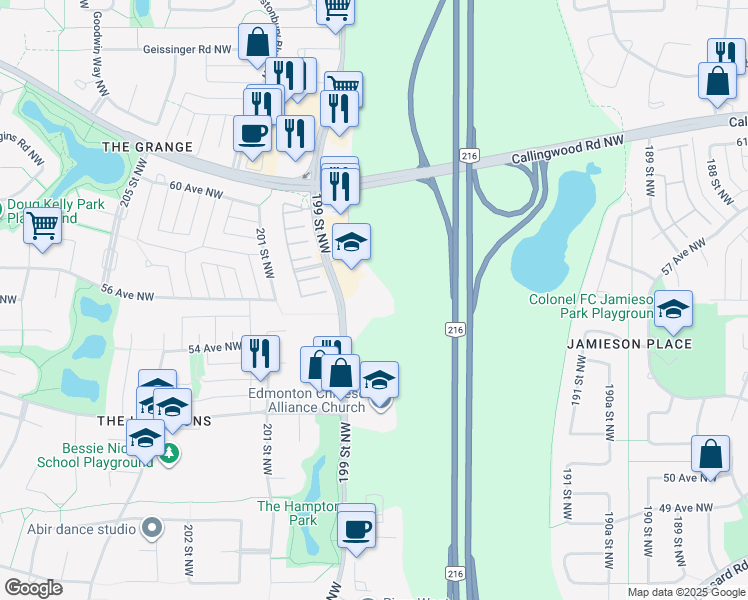 map of restaurants, bars, coffee shops, grocery stores, and more near 5351 199 Street Northwest in Edmonton